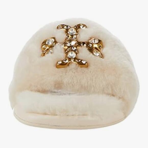 Tory Burch Jeweled Double T Shearling Fur Slide sandals NEW Size 8 - Picture 2 of 15